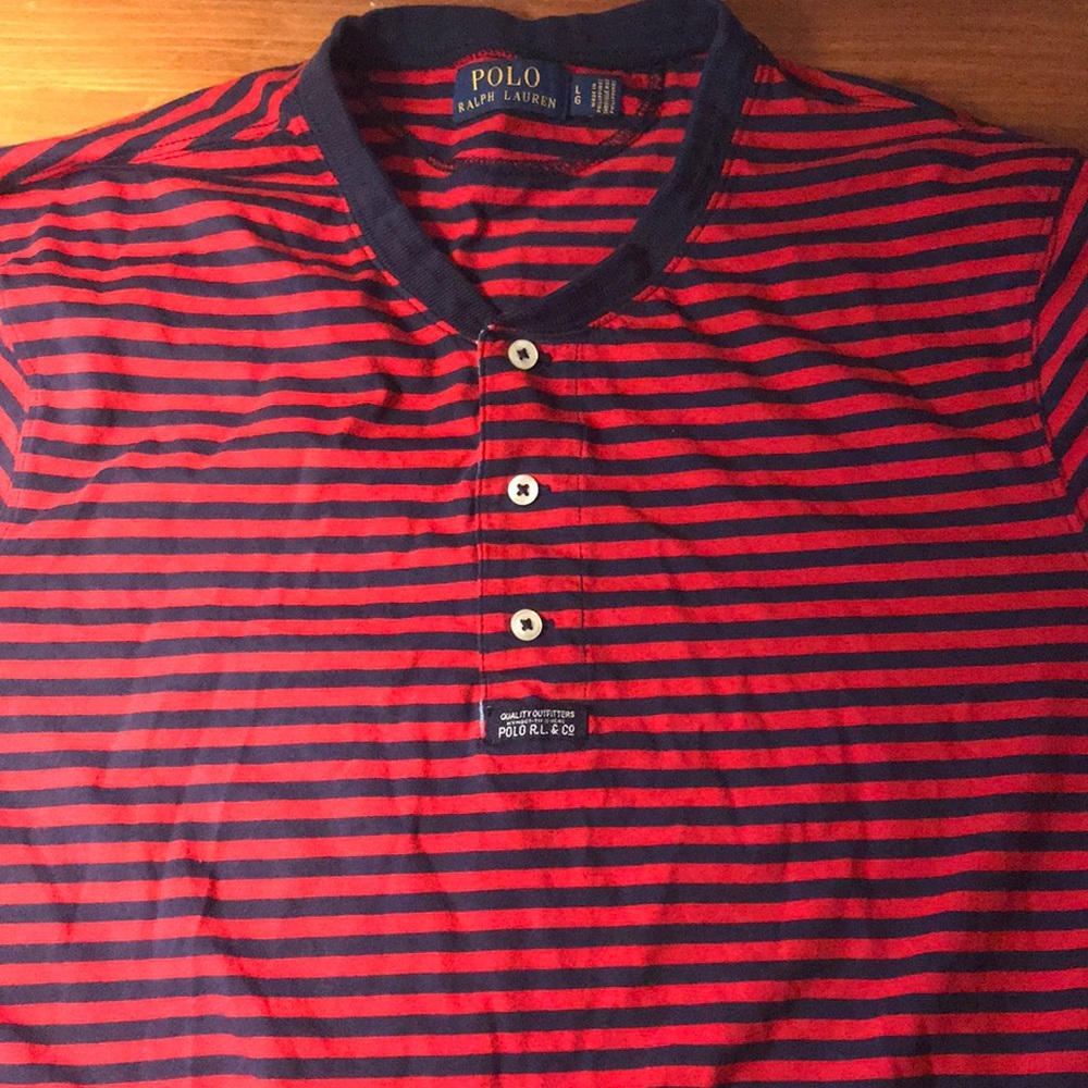 Red and navy striped polo
